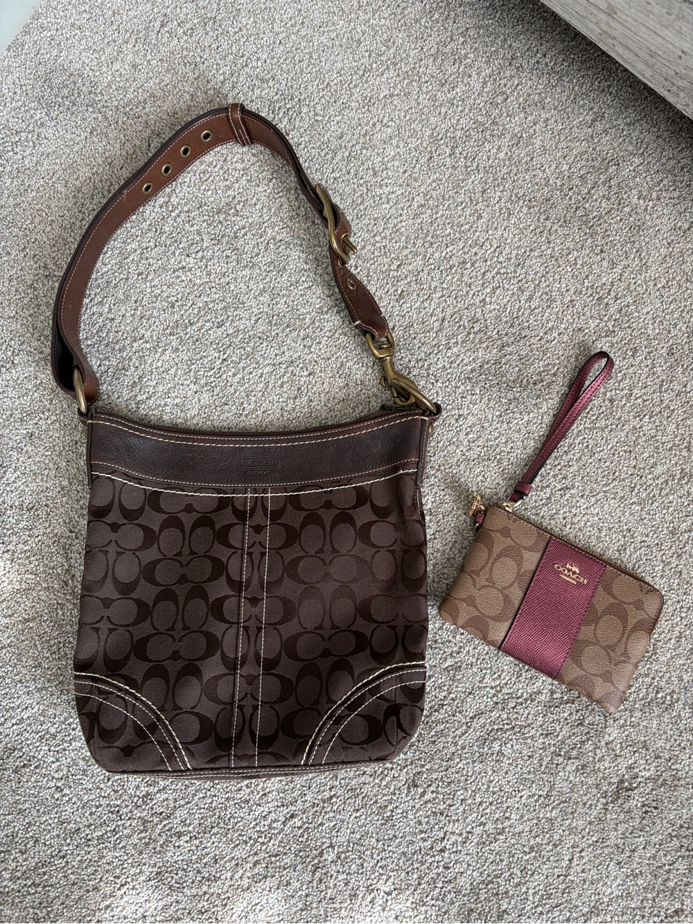 Coach Signature Brown Canvas Hobo Bag with Matching Wristlet - Brown